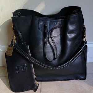 Frye Black Leather Bucket Shoulder Tote Bag and Zip Pouch